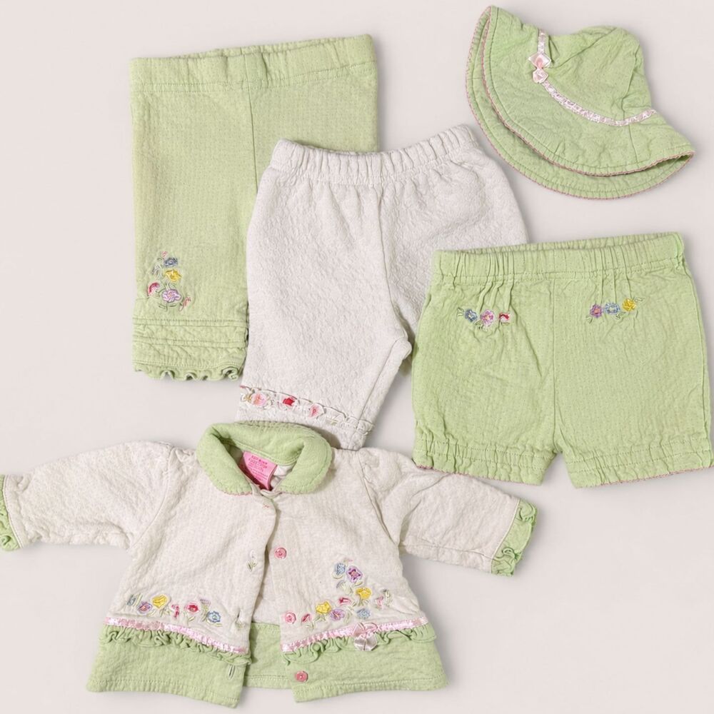 Vintage BT Kids 5Pc Baby Girl Mix Match Set Jacket Pants Shorts Bonnet 3-6M Mint